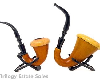 Two Gourd Calabash Estate Pipes with Meerschaum Bowls AS IS