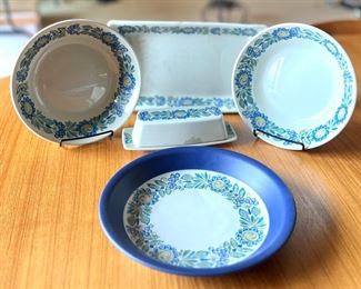 Vintage Figgjo Tor Viking dishes including two bowls, a platter measuring 12" x 7" (with stains/wear) and butter dish (has wear/chips) and pie plate (10 inches)
