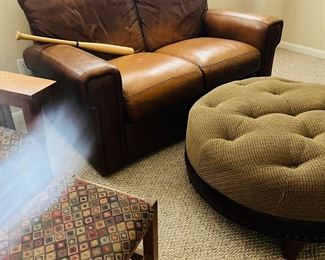 Loveseat, Ottoman, mission style chair.