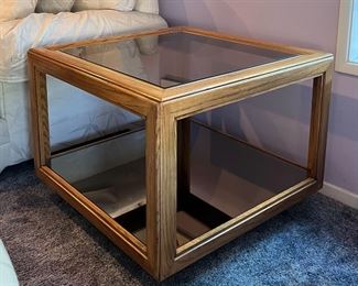 Vintage cube table with glass top and mirrored bottom