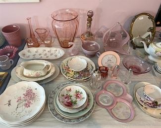 Vintage & antique pink & floral dishes & art nouveau table mirror 
