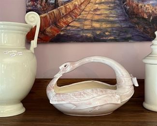 Vintage vase from France, swan basket & ceramic cannister
