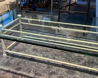 HEAVY BEVELED GLASS COFFEE TABLE ON SOLID METAL FRAME