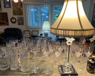 Lucite table lamp with deluxe lined lampshade, glassware & miniature Japanese vase.