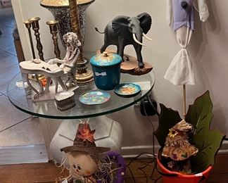 Buckets of Halloween decor, vintage brass candlesticks, signed sculptures and handcrafted collectibles