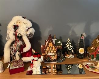 Christmas decor & lighted village pieces, trinket boxes "Amelia Earhart Luggage" mirror & vintage vampira costume kit