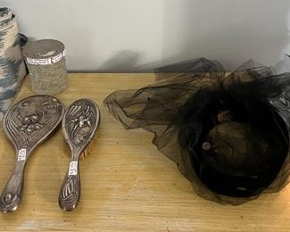 Vintage mirror & brush set, antique "hair tidy" jar & vintage hat with veil