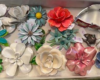 1960's Enamel & Metal brooches, 1940's - 1950's Sterling Silver fish brooch with turquoise eye, white enamel & gold tone Monet brooch and souvenir bracelet from Warsaw, Poland.