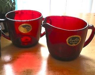 Ruby red glassware (sugar and creamer)