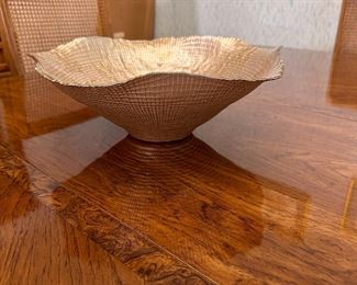 Glass bowl with iridescent gold waffle pattern 6"H x 14"W