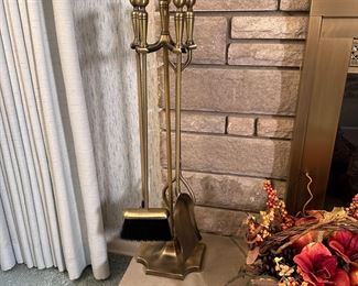 Brushed brass fireplace tool set, nice condition