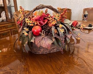 Vine basket with fall arrangement, minor wear 14"H x 20"W