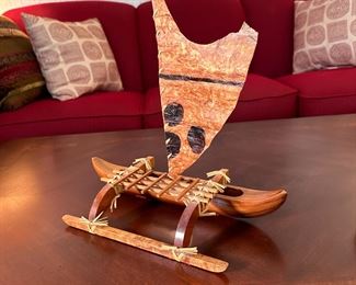 Wood and bark Hawaiian canoe, with plaque, 11"H x 12"L