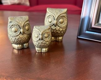 Trio of brass owl figurines, tallest is 3"H