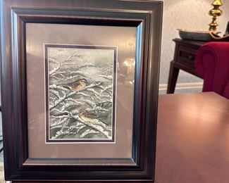 Louise Bales winter sparrow print, signed, 13" x 10"