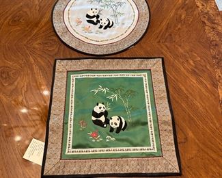 Embroidered silk panda panels, largest is 12"