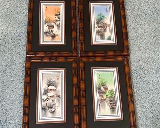 Group of Chinese 4-seasons, bamboo pattern wood frames 18" x 12"
