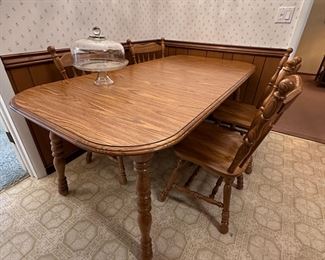 Solid wood dining table and 4 chairs, 72" with 24" leaf inserted, 34"W, very good condition