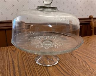 Glass cake stand and lid 13"W