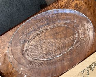 Long clear glass platter with corn pattern 16"L