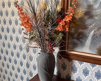 Grey glass vase 13"H and tall arrangement 