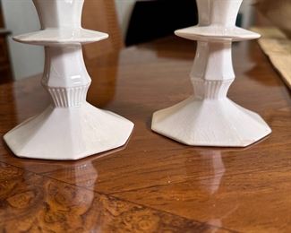 Independence ironstone paneled white candlesticks, some crazing and a minor chip 5"H