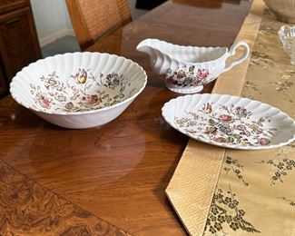 Staffordshire Bouquet 8" vegetable bowl, oval dish and gravy