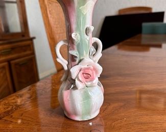 Porcelain sherbet color vase with floral applique 8"H