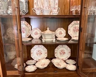 Independence Ironstone, Castleton, 14" platter shows some wear, creamer has a hairline, 4 plates, 5 dessert, 5 saucers, 2 vegetable, S&P, covered casserole & coffeepot