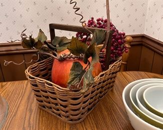 Large woven basket with wood handle, fall decorations 11"H x 13"W