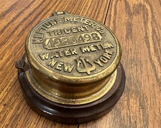 Brass Neptune Meter Co. Trident water meter, New York mounted on wood 3"W, #4980498