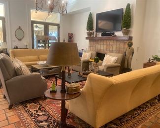 Pair of great looking linen sofas by Lee Industries, pair of gray leather lounge chairs, pair of tweed club chairs, fabulous large oriental rug