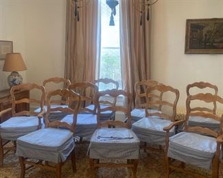10 French style dining chairs with blue check cushions