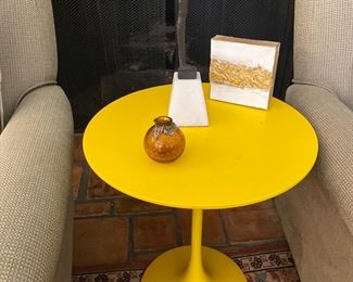 One of a pair yellow tables