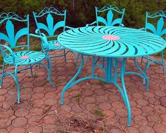 Vintage Metal Patio Set Including Table, 36.5" x 47.5" Diameter, And Chairs, Qty 4