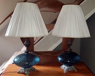 Antique Aqua Marine Art Glass And Bronzed Footed 30" Table Lamps, Qty 2, Both Power On