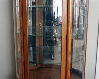 Oak Curved Glass Curio Cabinet With Glass Shelves, 61" x 34" x 15"