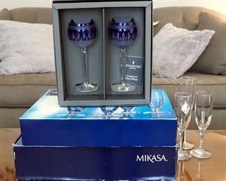 Waterford Crystal Clareendon Kobalt Hock Boned Stemware, Qty 2, And Mikasa Cheers Patterned 16oz. Pilsner, And 8oz. Flute Stemware Sets