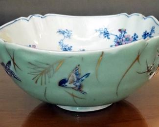 Hand Painted 8" China Bowl, Oil Soot Calligraphy Block, And Painted Elephant Salt Shaker