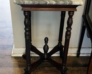 Marble Top Stand With Turned Wood Accents, 29" x 14" x 14"