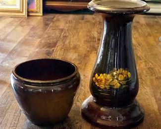 Painted Pottery 20" Plant Stand With Matching 10" Planter Pot