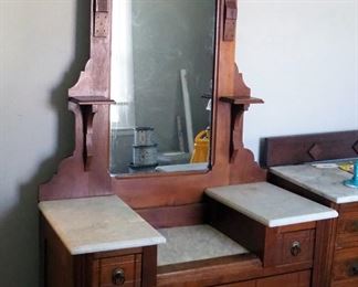 Antique Eastlake Marble Top 4 Drawer Dresser With Mirror, 80" x 39" x 19"