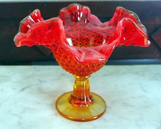 Marigold Hobnail Footed Candy Dish, And Ruby Red Creamer And Sugar Dishes