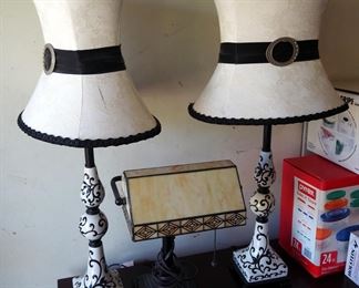 Pottery 29" Pedestal Table Lamps With Cloth Corset Shades, Qty 2, And Bankers Lamp With Faux Slag Shade