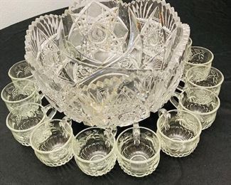 Vintage Cut Glass Punch Bowl with Cups. 37 Pc.