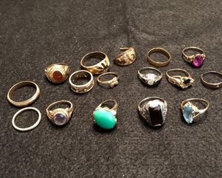 Large amount of GOLD Rings including 18k, 14k and 10k as well as rare stones including Jade