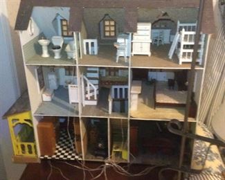 Priceless Huge Antique Vintage, handcrafted, wooden dollhouse with furniture, wired for lights Selling as one unit.