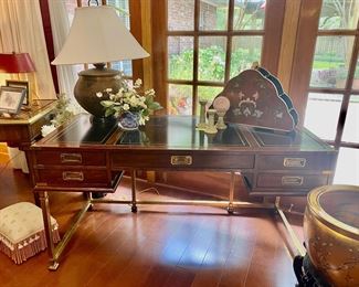 This is SLIGH DESK #1
Brass, mahogany, and leather Campaign Desk by Sligh.
Measurements 57.75” wide x 27.5” deep x 29” high.