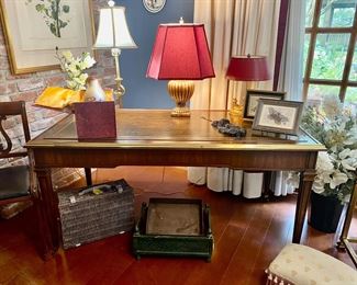 This is Sligh desk number two!
Brass, mahogany, and leather Campaign Desk by Sligh Furniture.
(it’s on little wheels) Measurements 60” wide x 30” deep x 29” high.