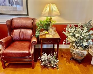 leather wing back chair (tag has been removed), drop leaf side table by Hickory Chair